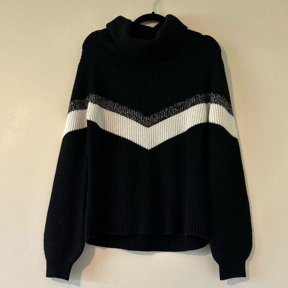 Generation Love Wool Cashmere Chevron Turtleneck Black Sweater Ballon Sleeve - Picture 2 of 8